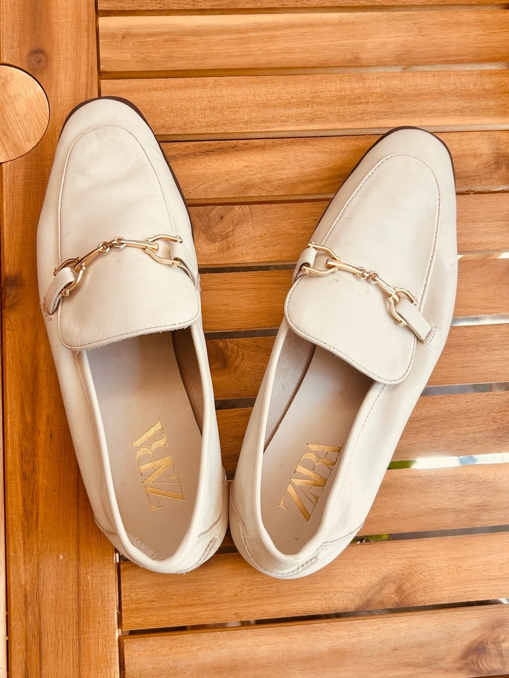 ZARA Cream Leather Horsebit Loafers | Gold Buckle Flats Size EU 38 / US 7.5